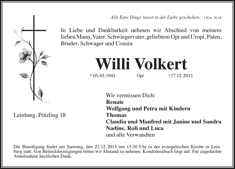  Traueranzeige für Willi Volkert vom 19.12.2013 aus Pegnitz-Zeitung